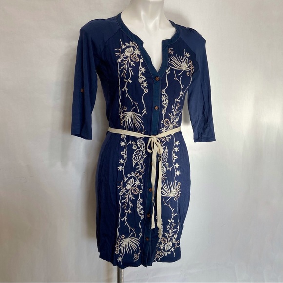 RARE ANTHROPOLOGIE TINY BLUE SILVER EMBROIDERED SASH PANEL FAIRY BOHO DRESS - Picture 3 of 14